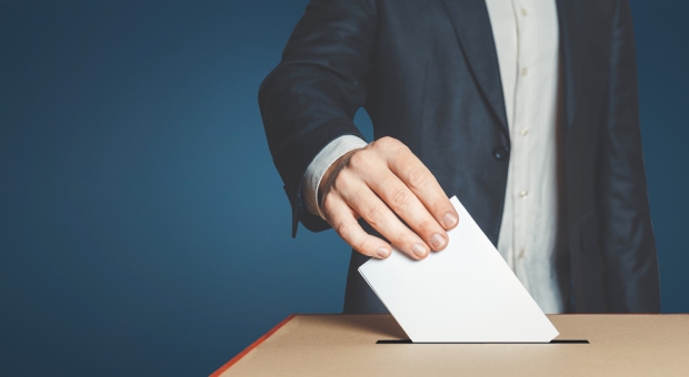 Person placing vote in ballot box