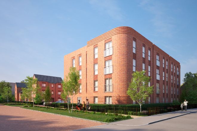 Artists impression of a modern low-rise apartment block, with light greenery around the outside.