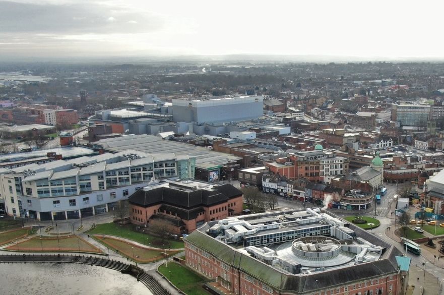 Aerial view of Derby Council House, Riverlights, Eagle Market, Derbion