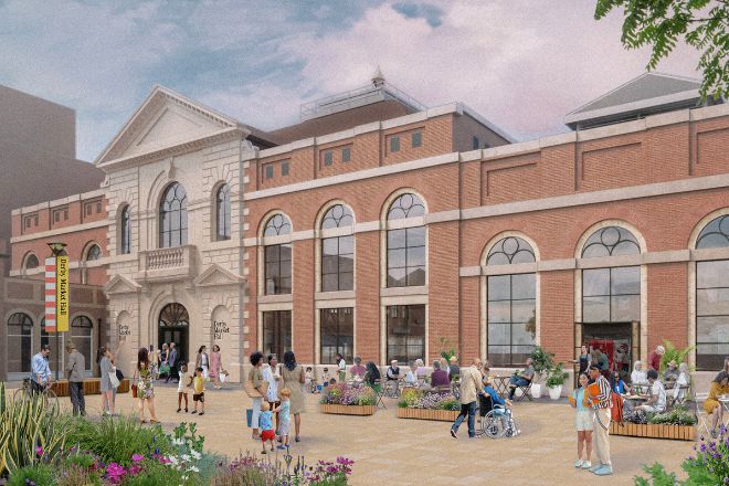 Artists impression of the exterior of Derby Market Hall with a vibrant public square and dining space.