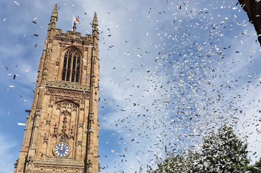 Derby Cathedral with confetti