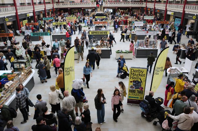 looking down on crowds of people exploring the stalls at derby market hall