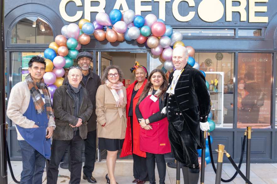 Members of Artcore and Council Leader Councillor Nadine Peatfield in front of the new ceramics studio in Osnabruck Square