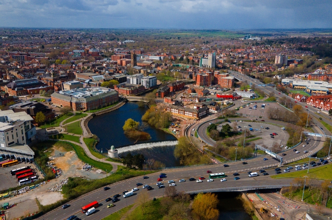 An aerial view of Derby City Centre.