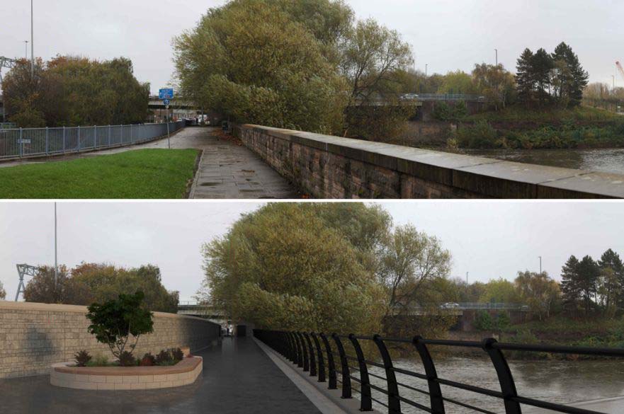 Photo of pathway between brick flood wall and metal railing with trees around. Below is an artists impression of the same path with new black railings on the right and a new brick flood wall to the left.