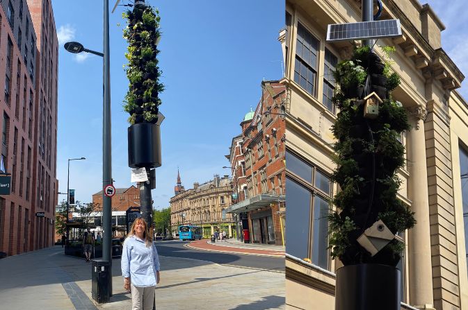 To the left - Cllr Carmel Swan stood in front of a living pillar. To the right - a photo of a completed living pillar