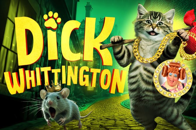 Artwork for Dick Whittington featuring a cat standing on his hind legs with a bag on his shoulder and a medallion