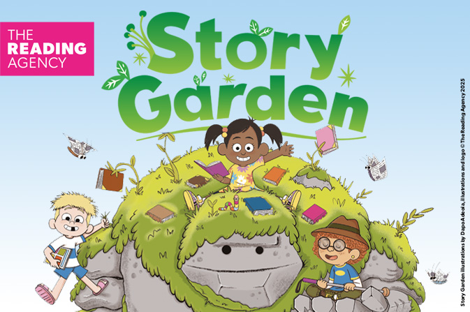 Artwork for the Summer Reading Challenge: Story Garden with a drawing of a grass covered rock with a grumpy face with two happy children on top