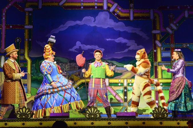 Colourfully dressed cast members of the Dick Whittington panto on stage