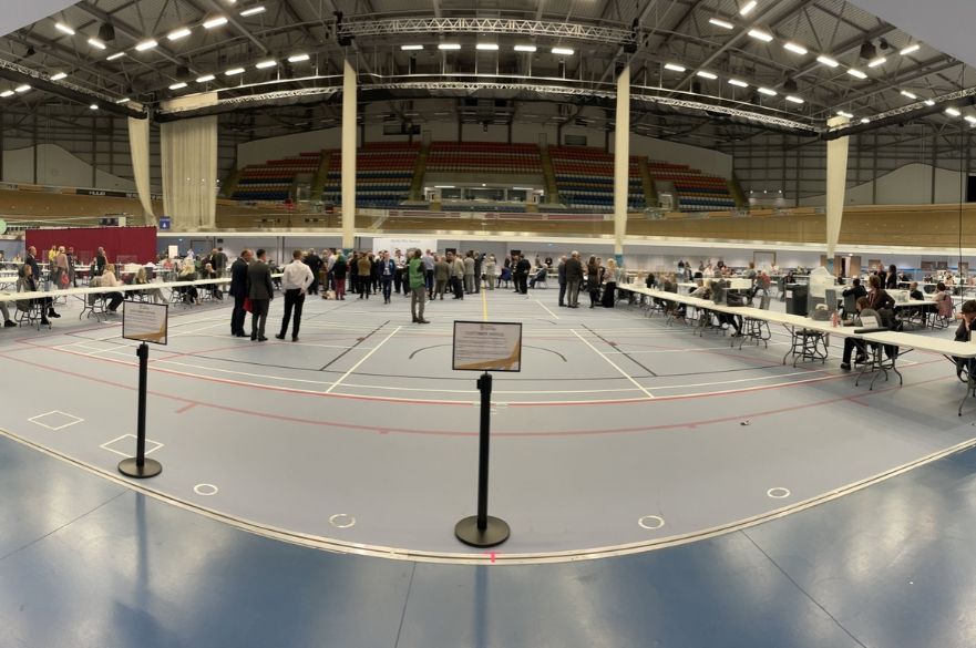 Panoramic shot of election count at Derby Arena.