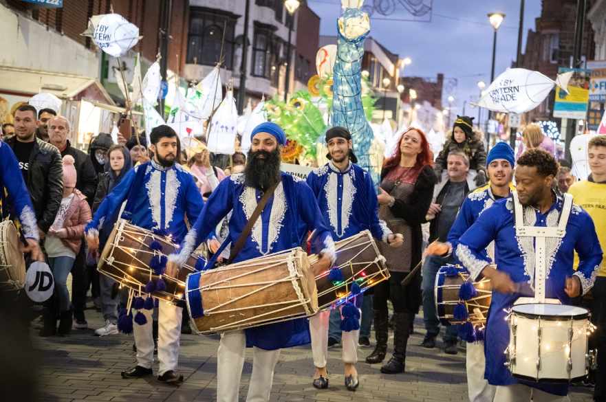 Fusion drummers head up the Lantern Parade at Christmas Lights Switch On 2021. Credit Surtal Arts