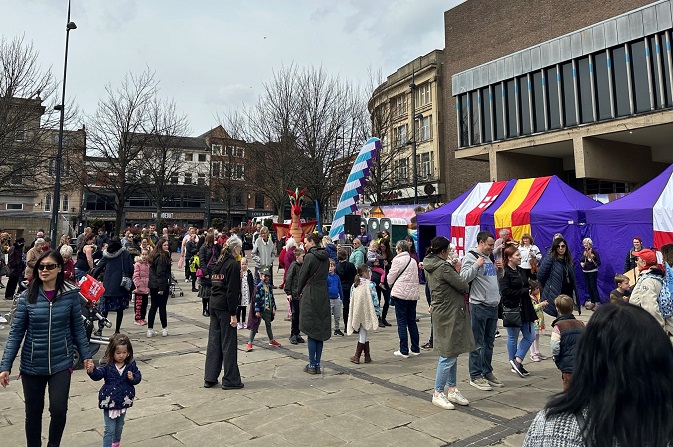 Crowds enjoy the St George's Day festivities in Derby's Market Place