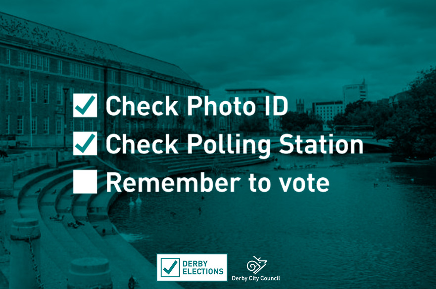A list with three tick boxes. The first two items, check photo ID and check polling station are ticked. The last item, remember to vote is left un-ticked