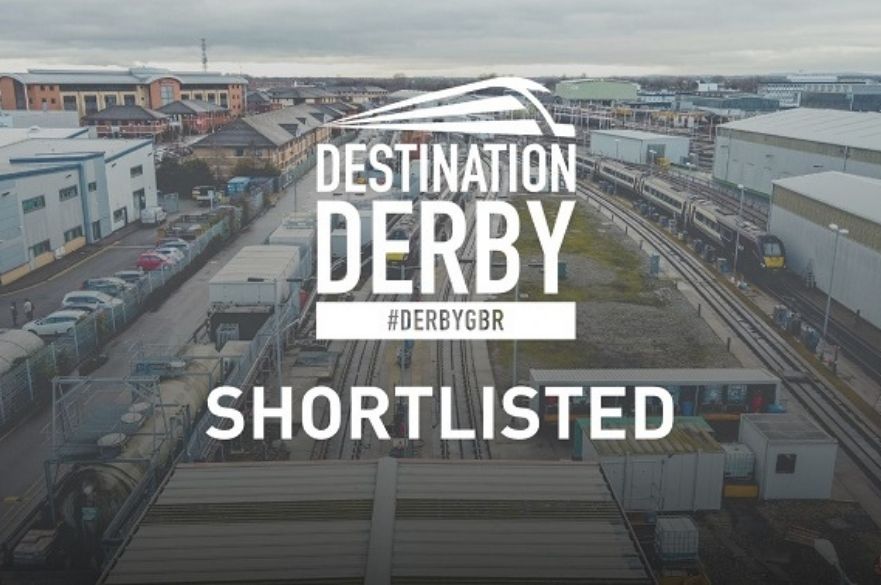 
Aerial shot of Derby with Derby GBR logo and the word "shortlisted" in the foreground.