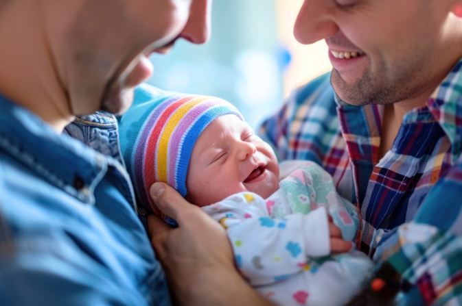 Two men hold a new born baby