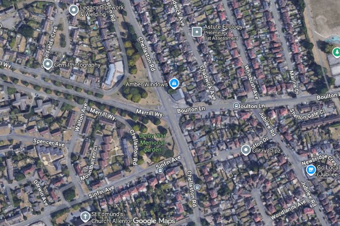 Aerial view of Merrill Way and A514 with map labels