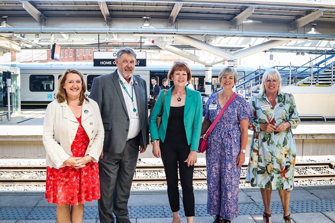 Rail Minister Wendy Morton with local MPs and Council Leader Chris Poulter at Derby train station Aug 2022