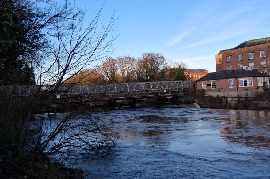 Temporary footbridge over the Derwent in December 2025
