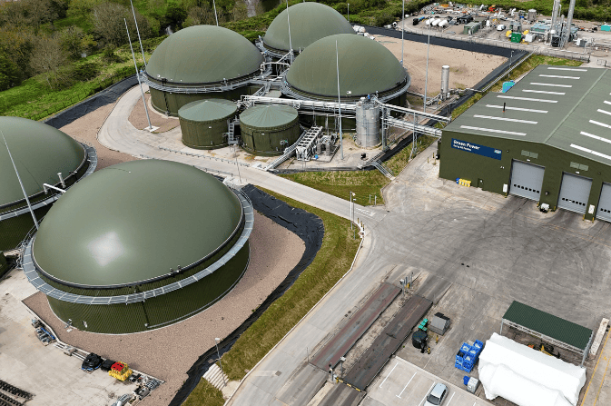 The image shows an aerial view of the Severn Trent Green Power facility in Derby.